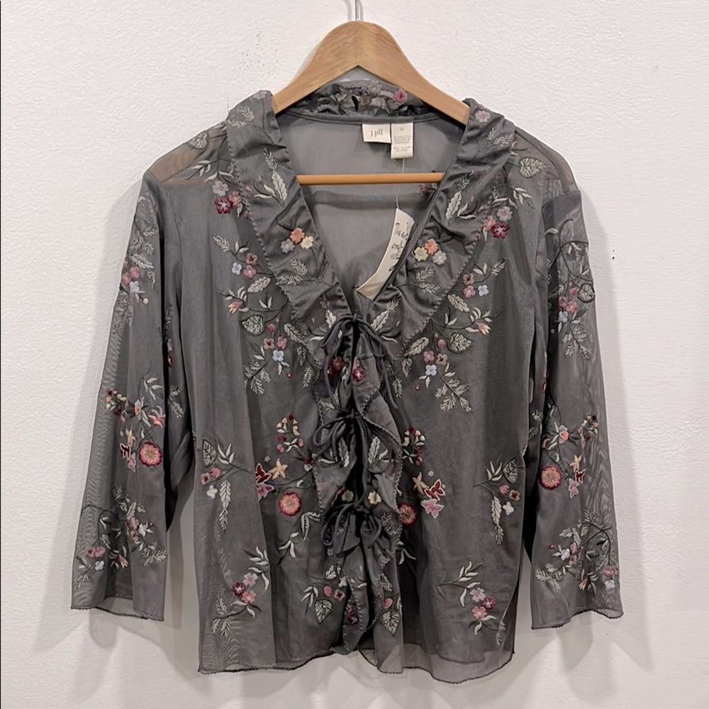 J. Jill Vintage Mesh Floral Embroidered Gray Top, Size M, NWT